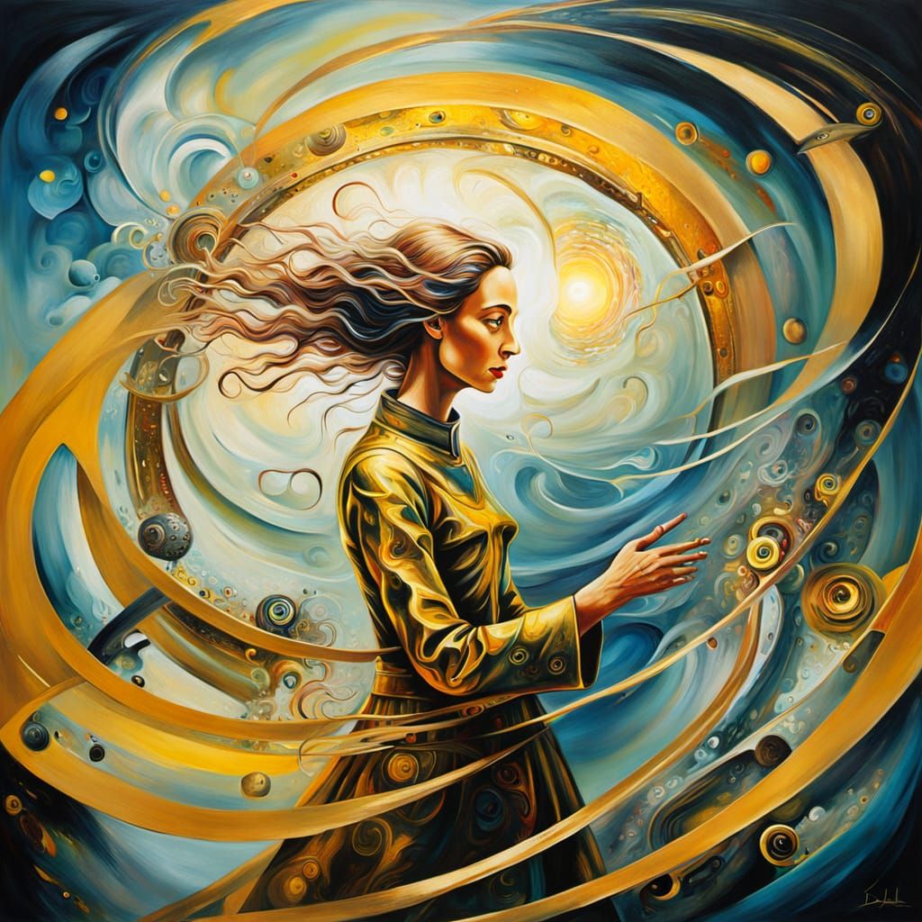 Vintage Woman and Cyborg in Surreal Time Portal