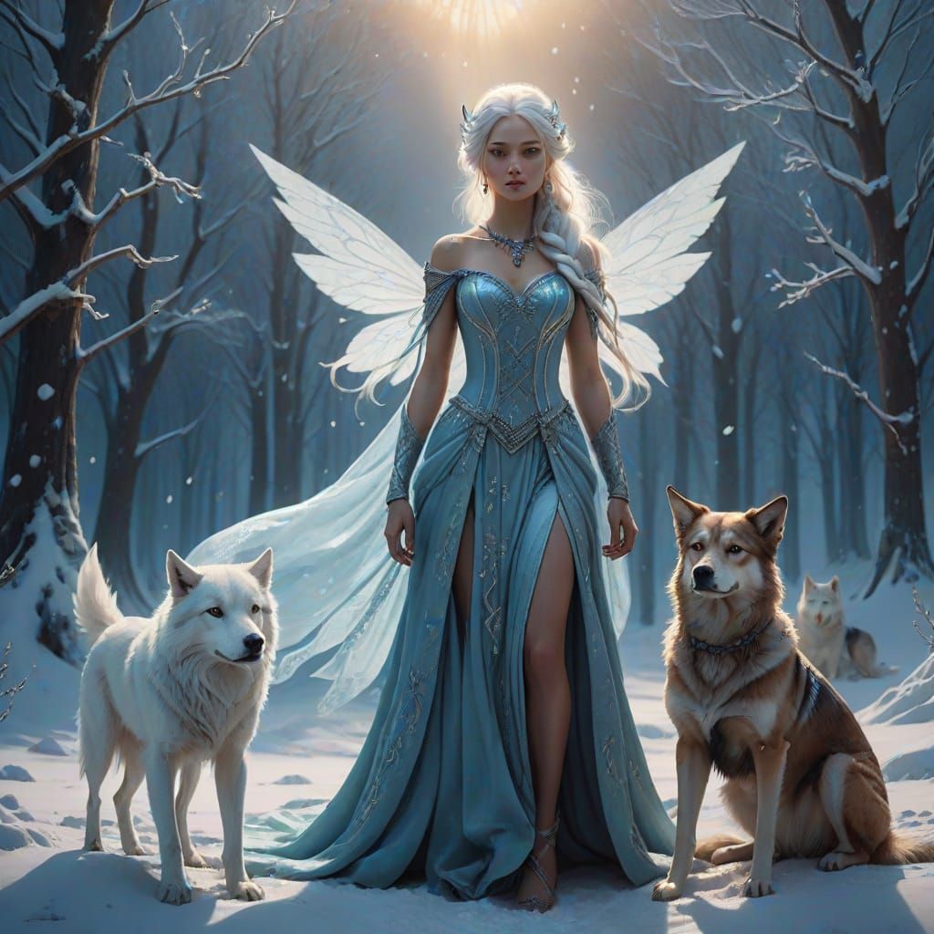 Fairy Queen in Snowy Landscape with Animal Companions