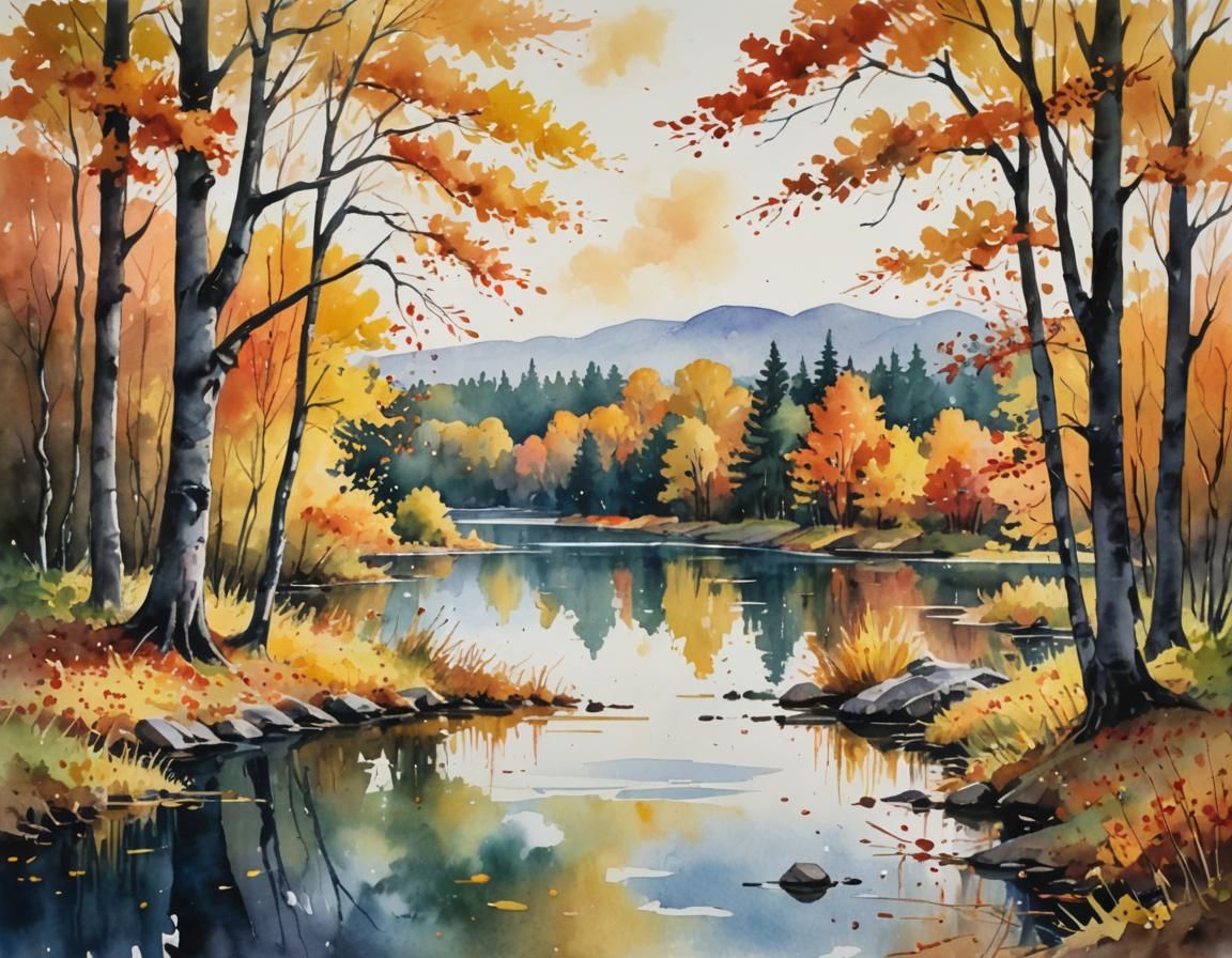 Gouache Watercolor Autumn Landscape in Impressionist Style