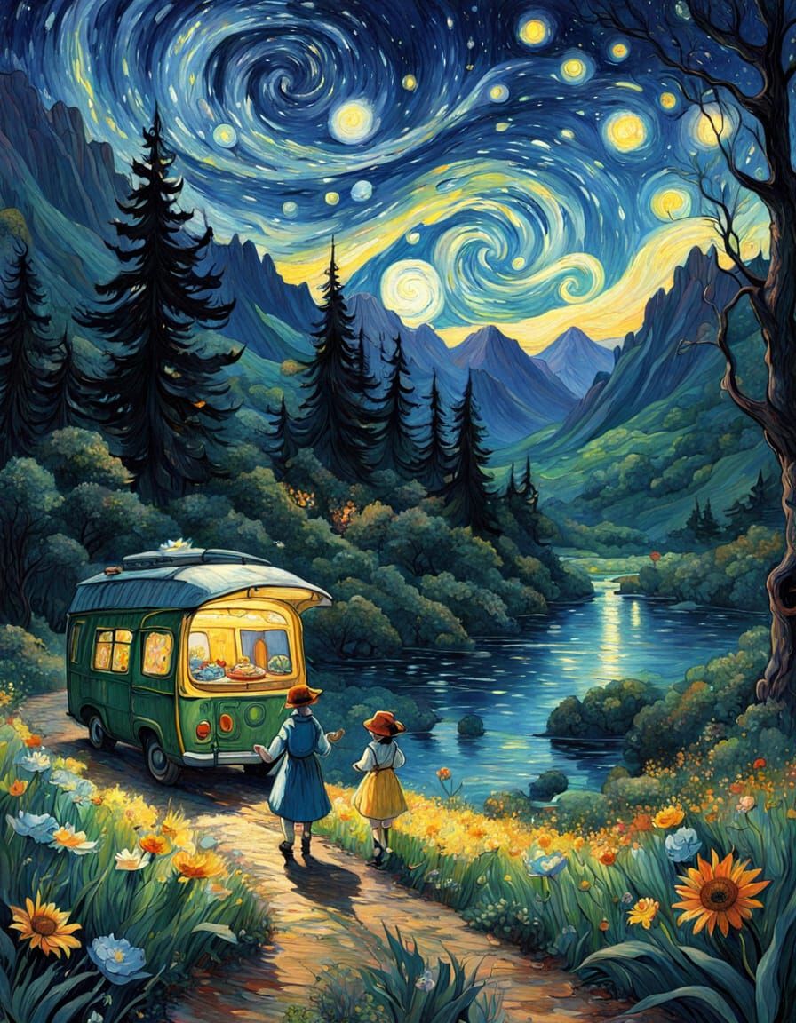 Whimsical Sci-Fi Fantasy Landscape in Van Gogh Style