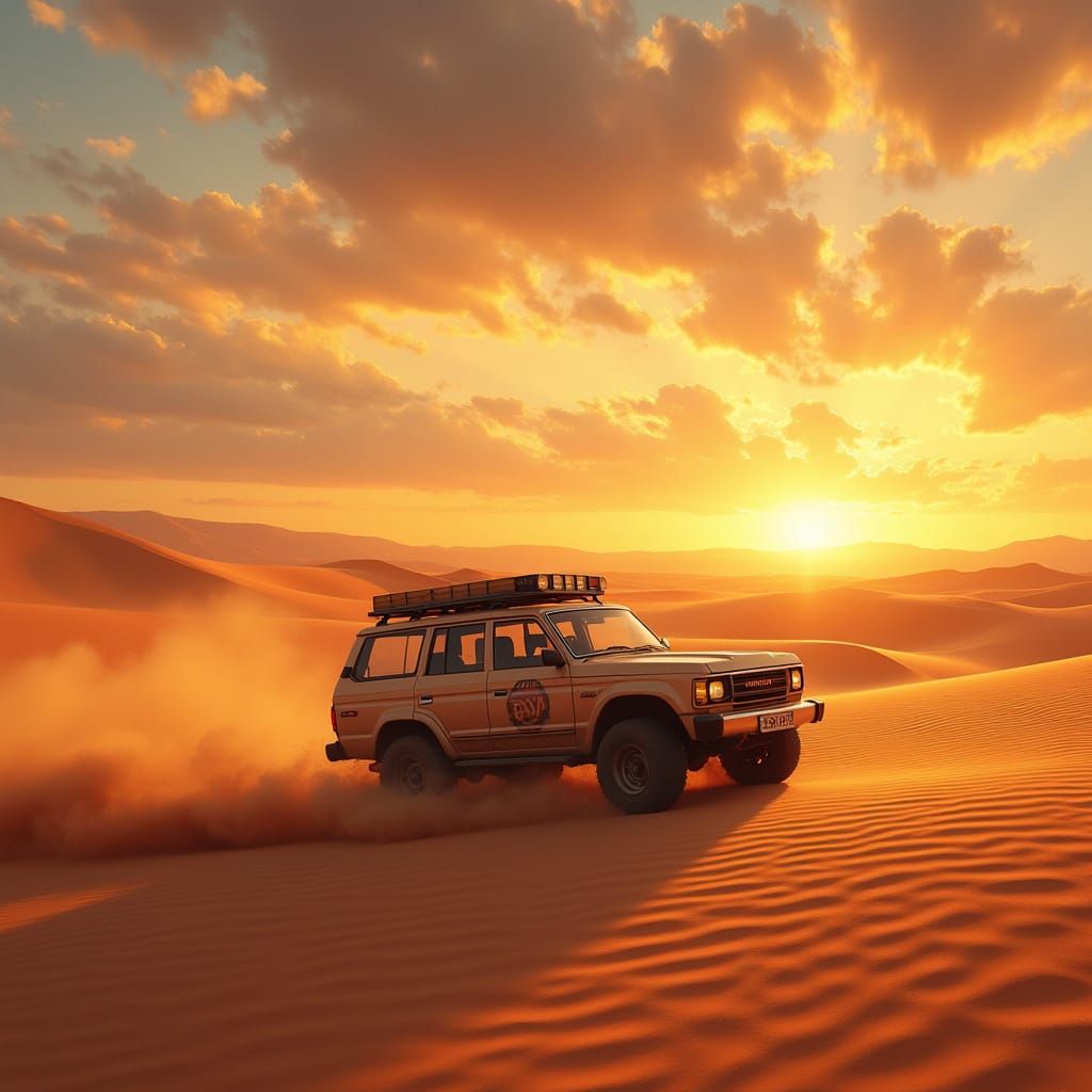 Vintage Toyota Prado Drives Through Desert Sunset
