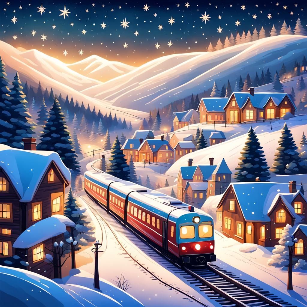 Christmas Train at Night in Winter Landscape