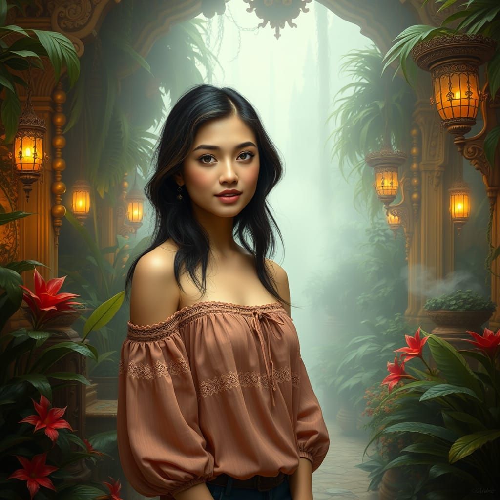 A young woman with dark hair and a soft expression stands in an ornate, tropical setting filled with lush plants and int...