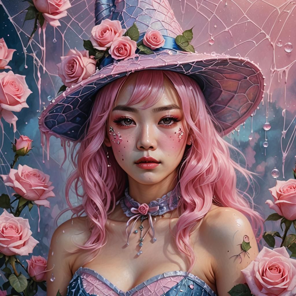 Pink Witch Portrait with Roses as Impasto Painting