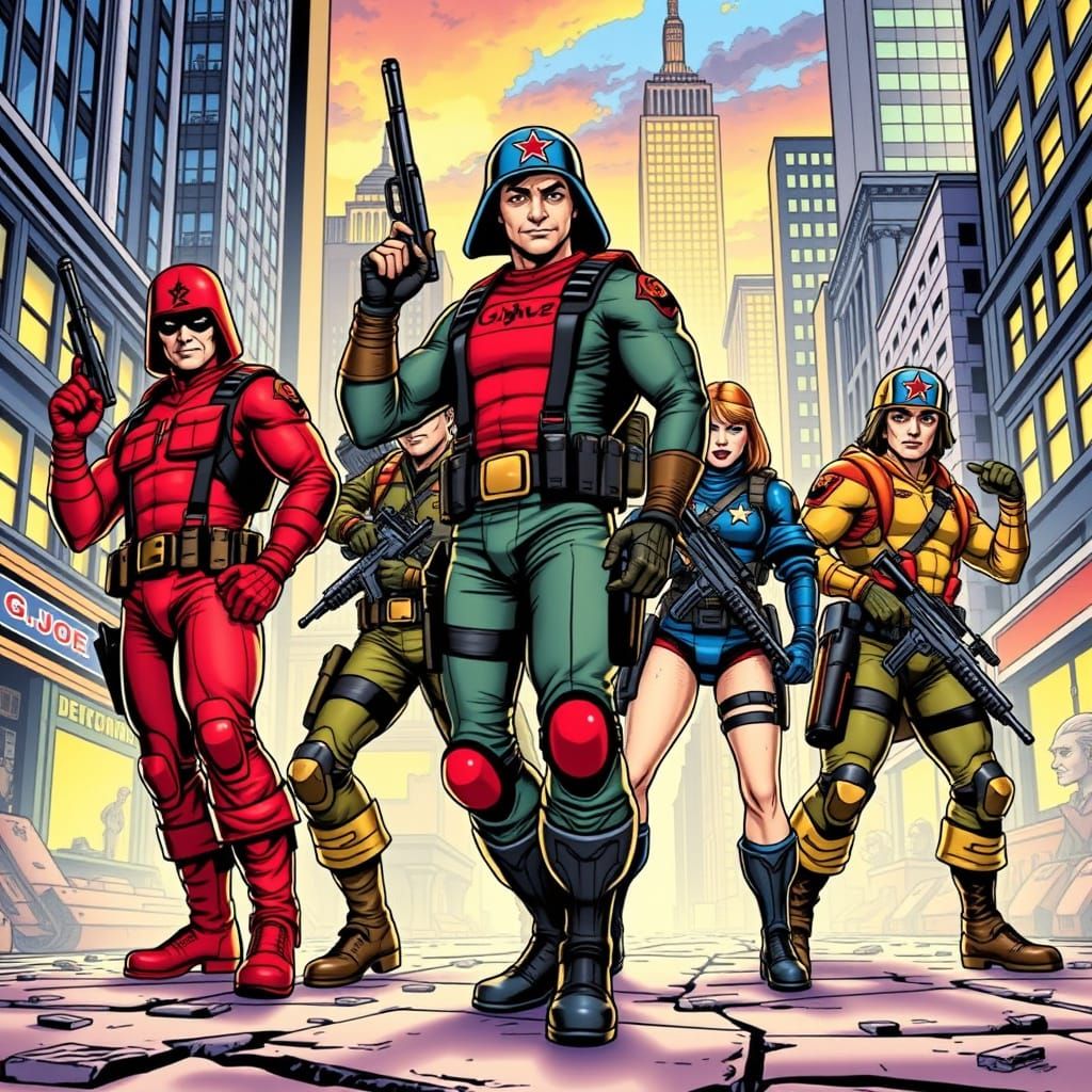 G.I. Joe Team: Vibrant Cityscape in 80s Cartoon Style