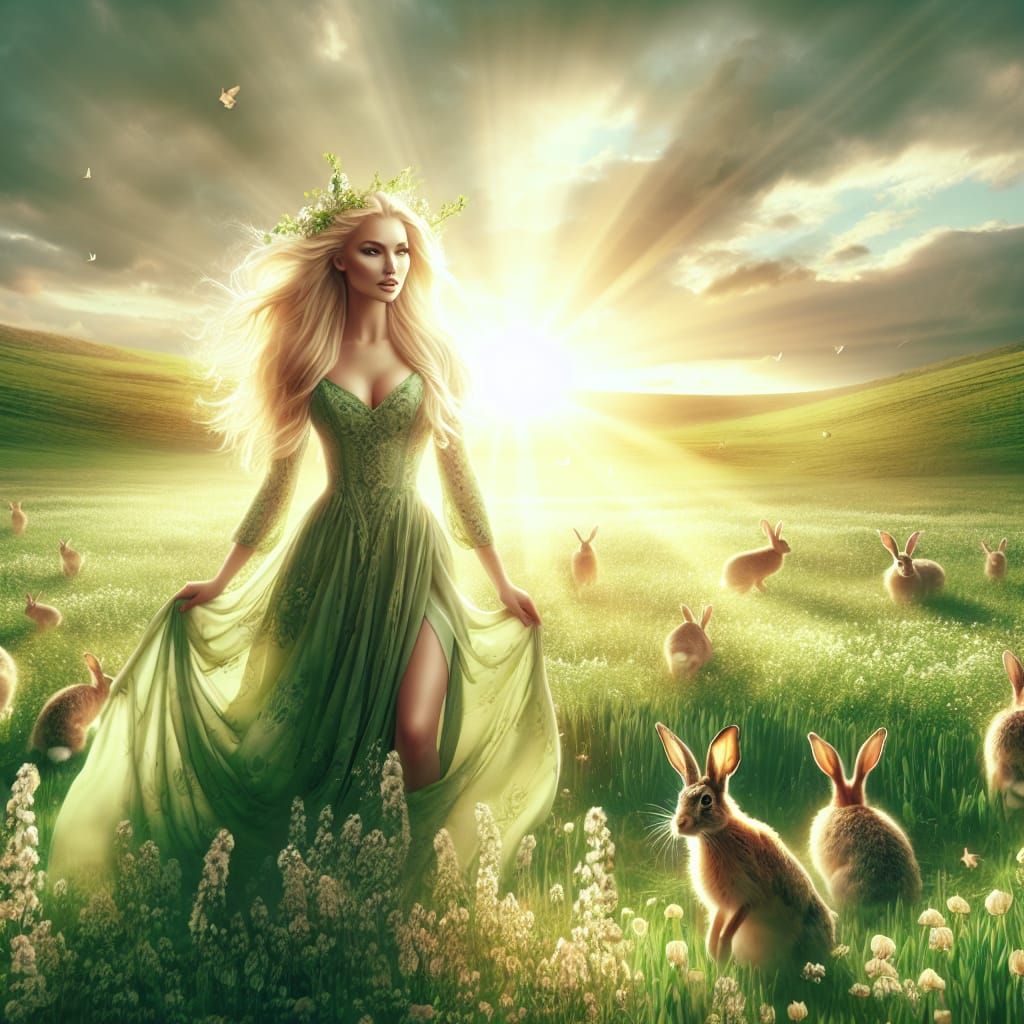 Saxon Goddess of Spring in a Field of Hares