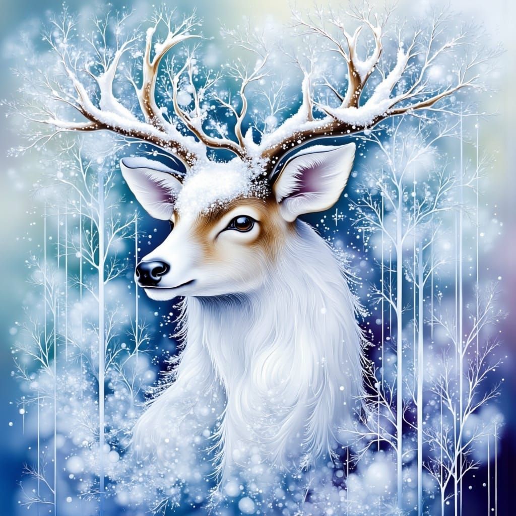 wide Close up View, detailed photorealistic illustration of an Isolated Winter deer, winter style, cartoonist style, 3D ...