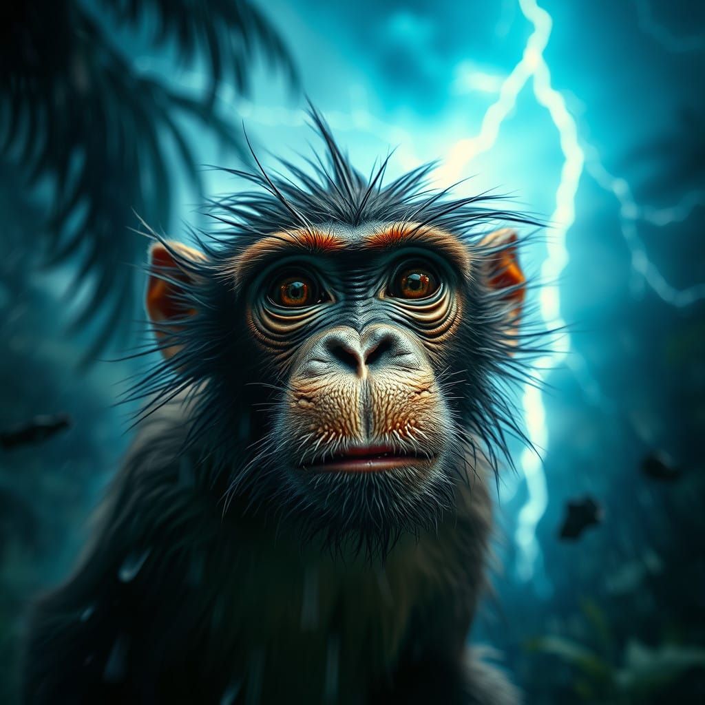 Tropical Stormy Jungle Monkey Portrait in Dramatic Lighting