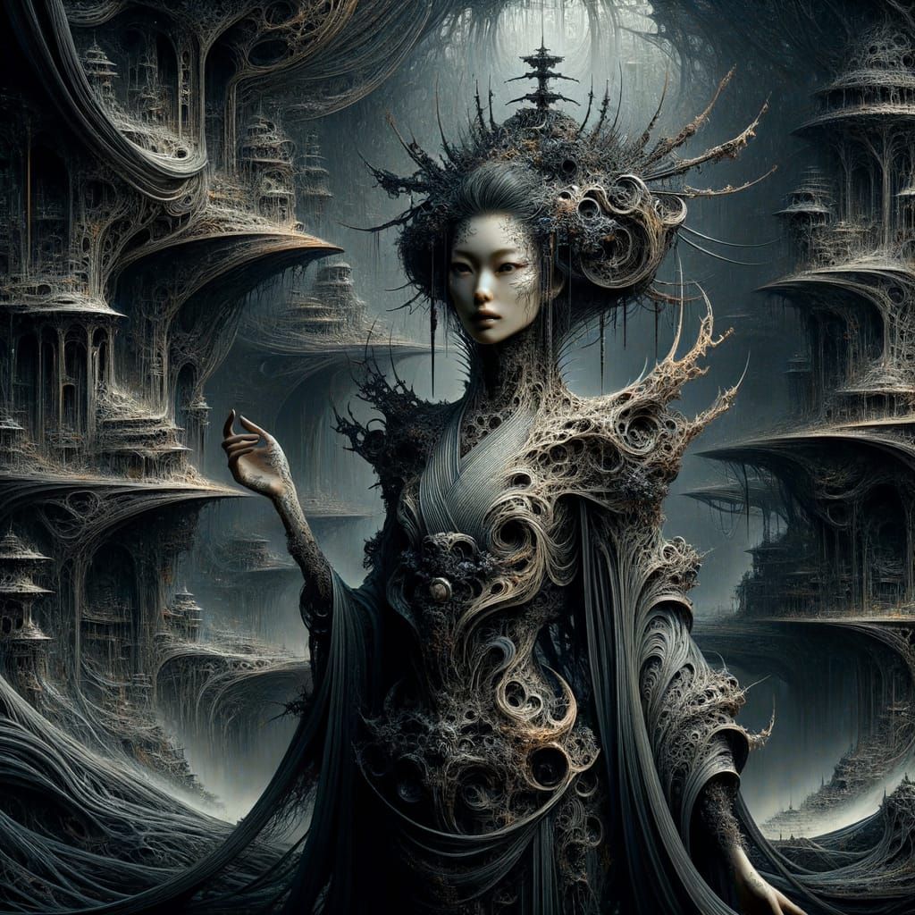 Neo-Gothic Surreal Painting of Japanese Woman