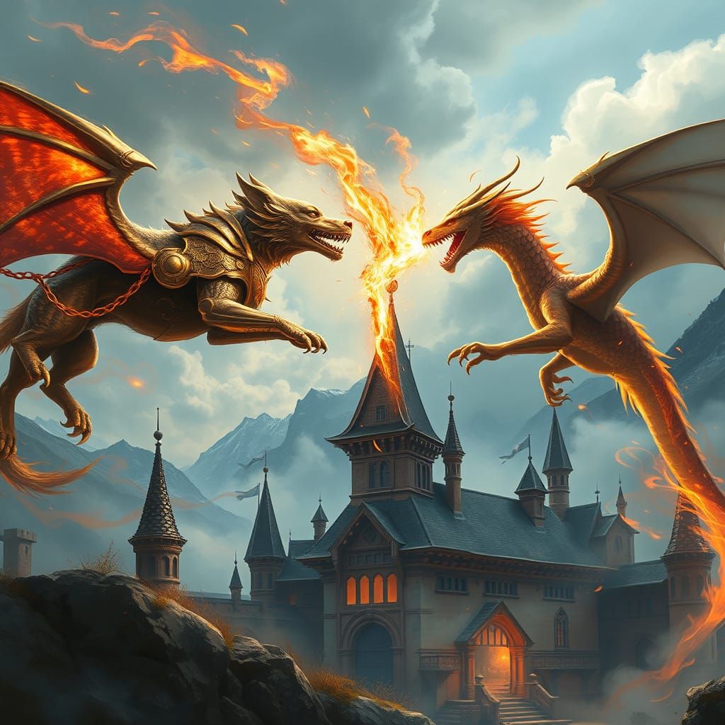Epic Fantasy Battle Over a Mystic School in Golden Armor
