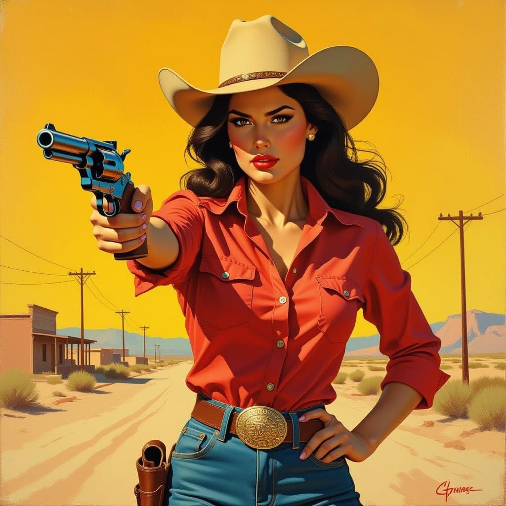 Fierce Cowgirl with Revolver: 1950s Pulp Art