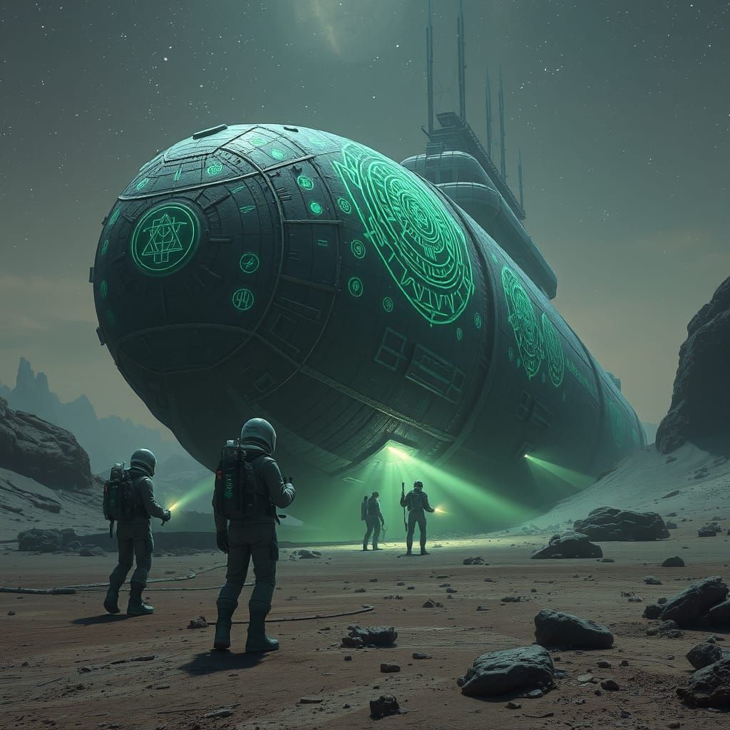 Explorers Discover Ancient Spaceship in Cyberpunk Style