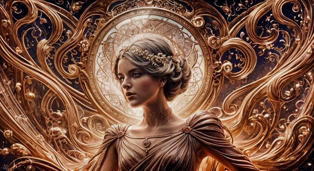 Ethereal Art Deco Portrait with Twisted Rose Gold and Ruby A...