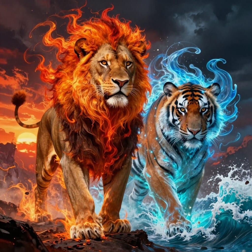 Fire Lion Meets Water Tiger in Mythical Fantasy Art