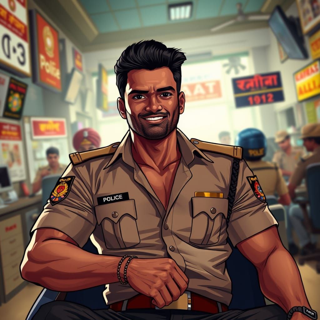Confident Indian Policeman in Bold Loish-Inspired Digital Ar...