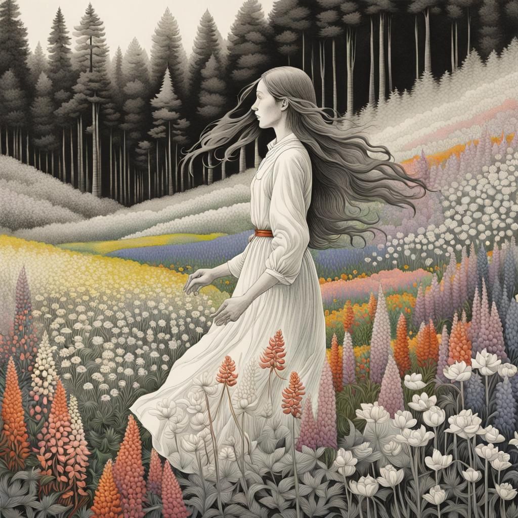 Woman in Lupine Field: Etching Aquatint Style