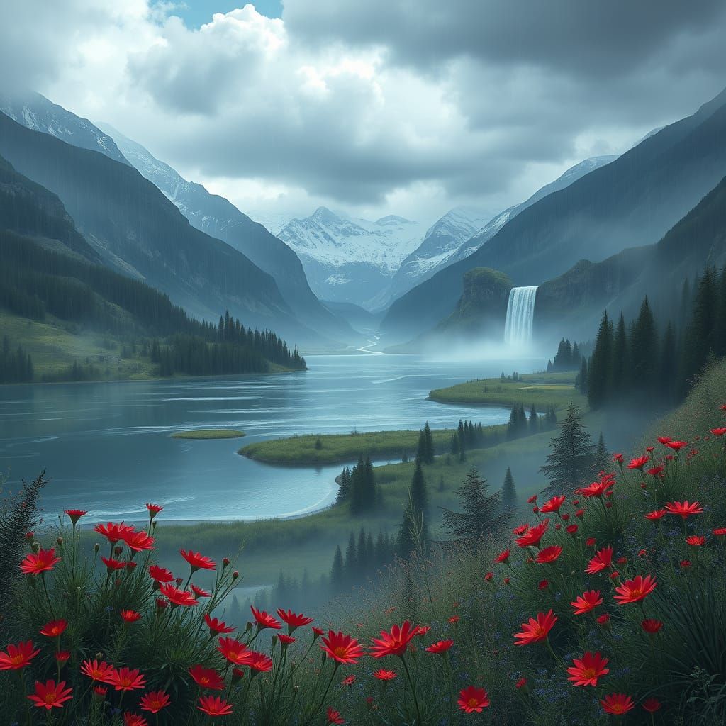Mystical Lake Landscape with Majestic Mountains and Vibrant ...