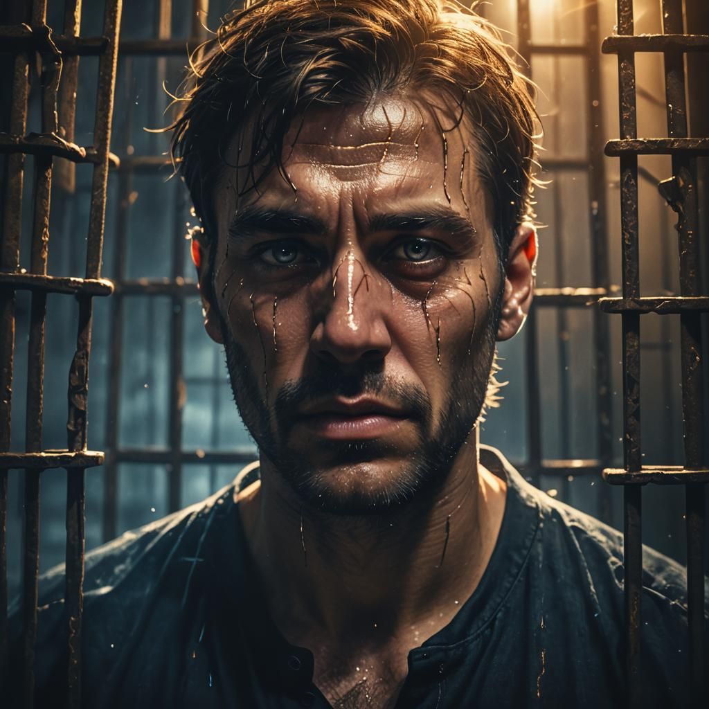 Man in het donker achter tralies met tranen in ogen en verli...