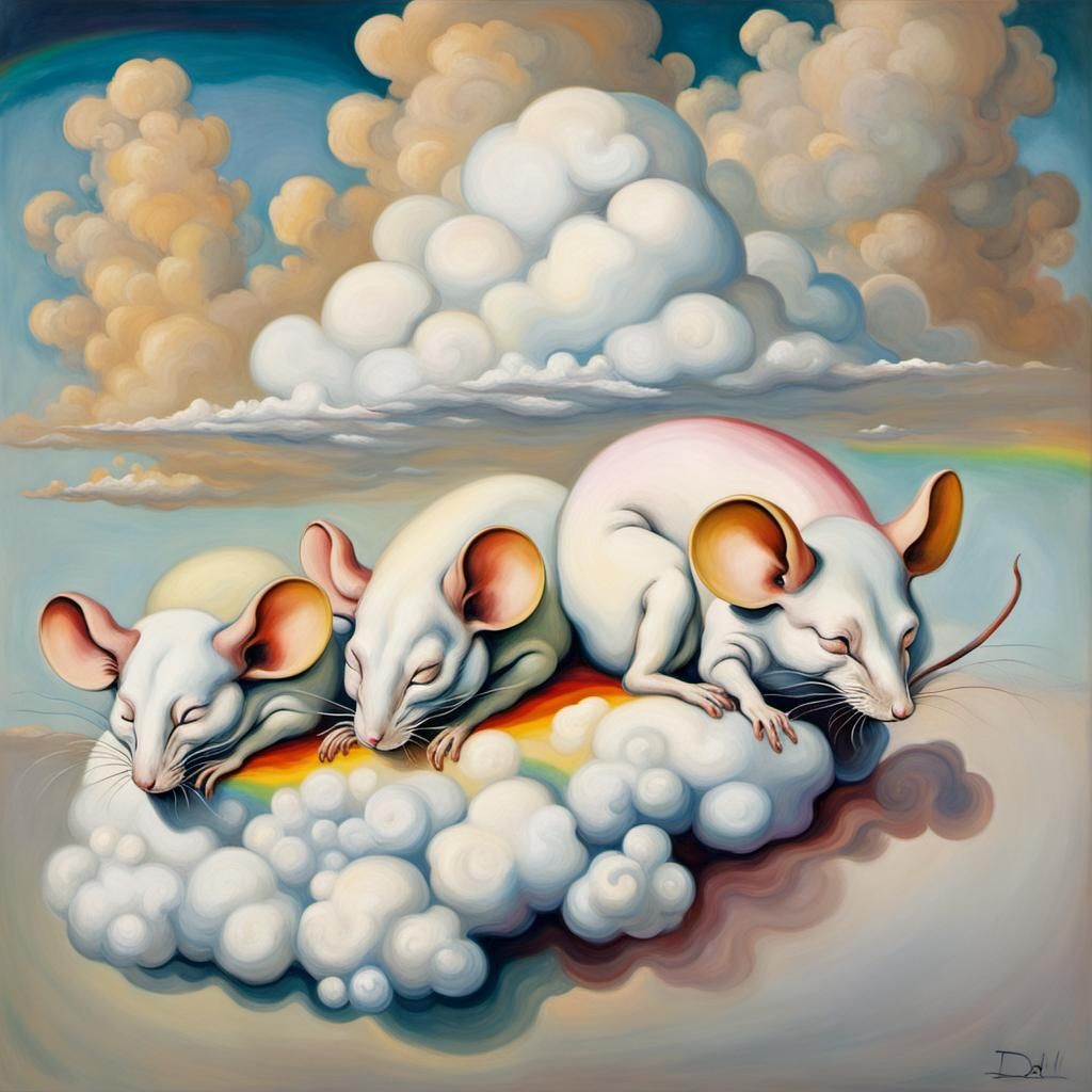 a rainbow bright  colored mice  sleeping on a white cloud