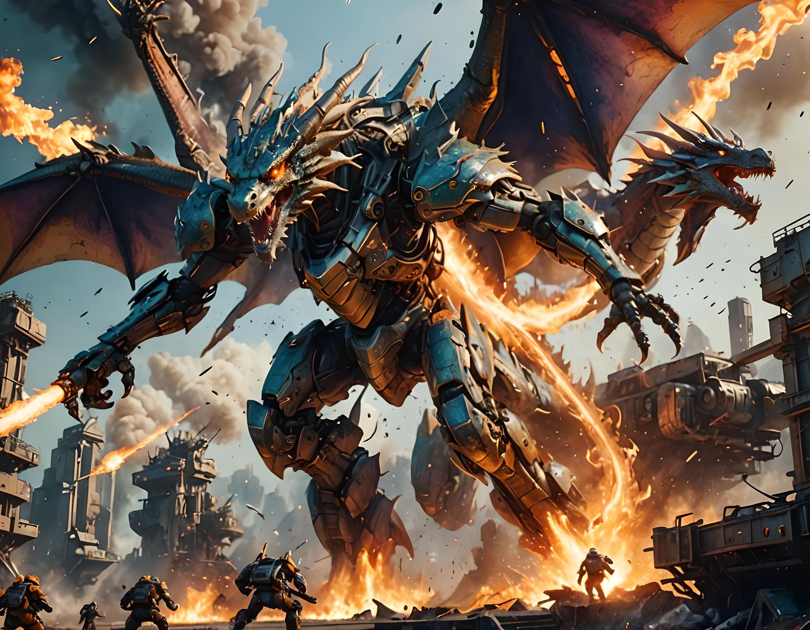 Mech Dragons Clash in Futuristic Aerial Battle
