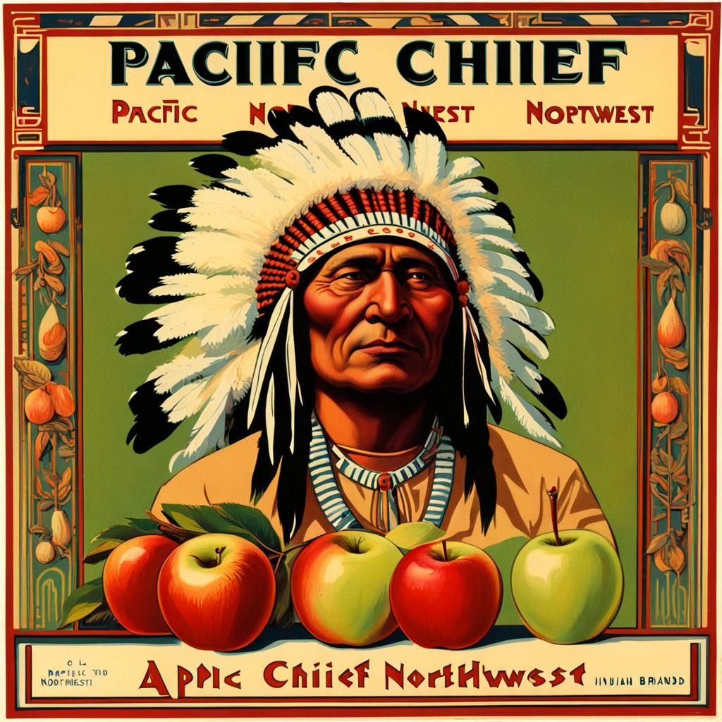 Vintage Art Deco Fruit Crate Label of Native American Chief