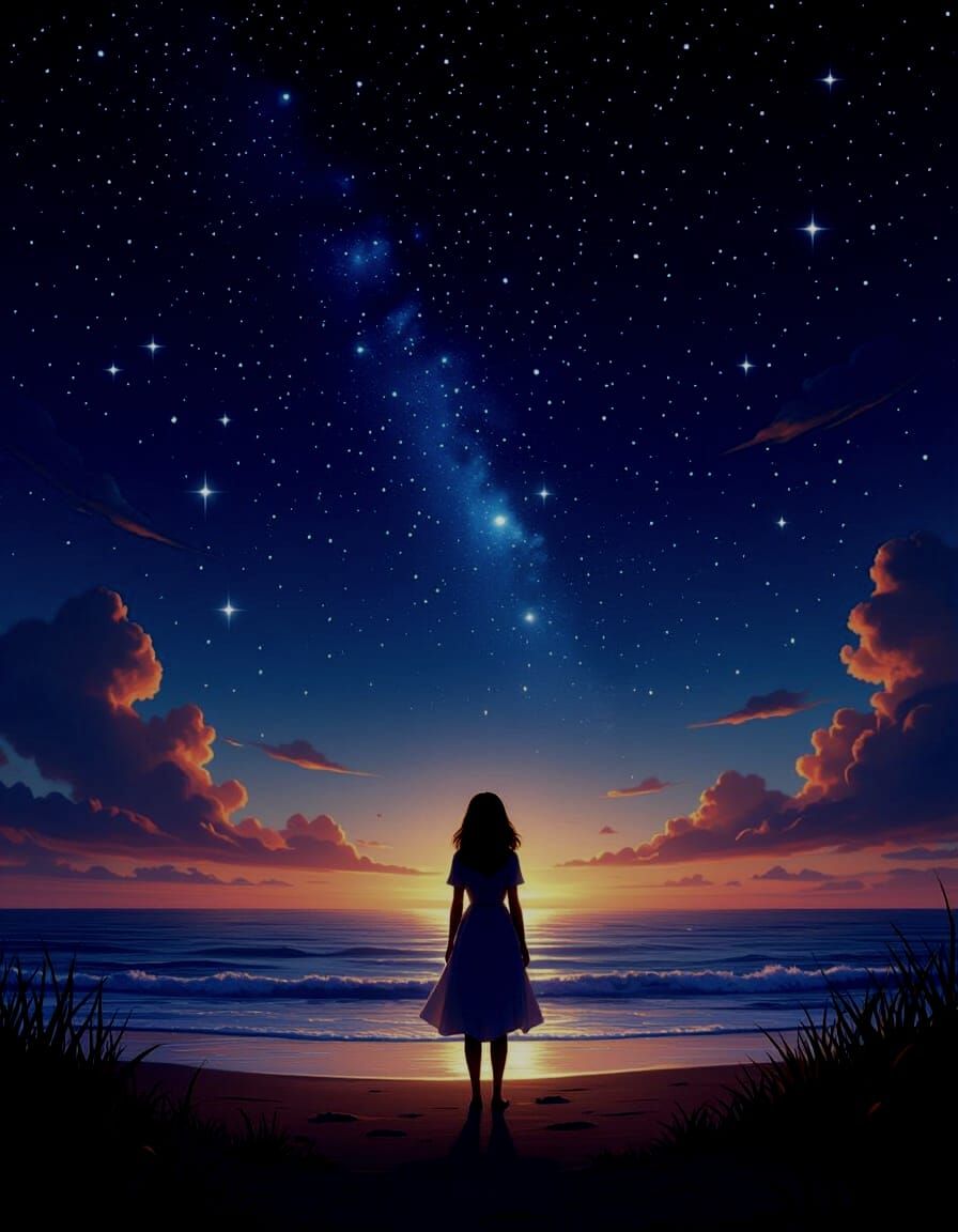 Woman on Beach at Night, 3D Digital Art