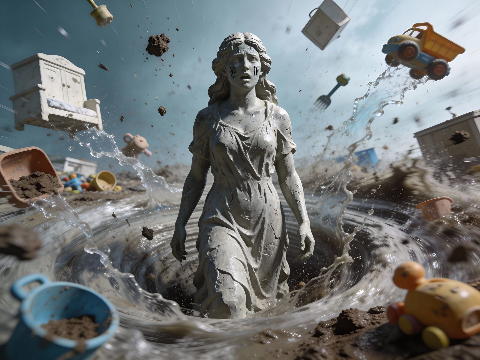 Woman Frozen in Stone Amidst Chaotic Vortex