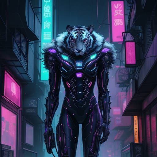 Cyberpunk Tiger with Neon Circuitry in Alleyway