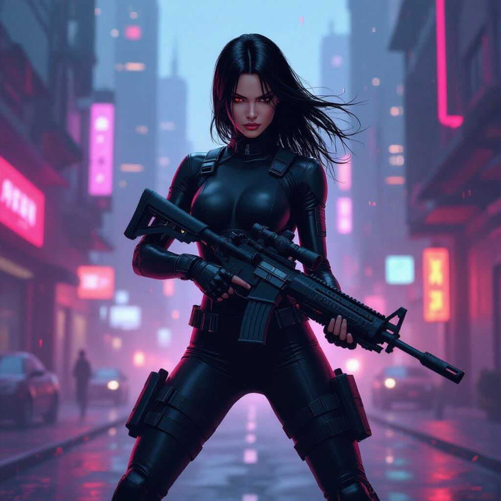 Aeon Flux Cyberpunk Warrior in Neon Cityscape