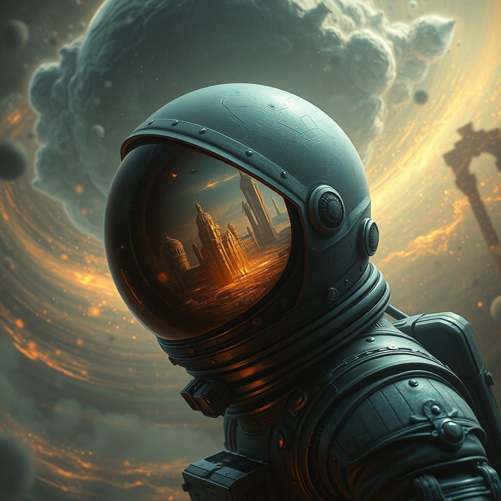 Astronaut in Cosmic City Reflected in Helmet, Steampunk Conc...