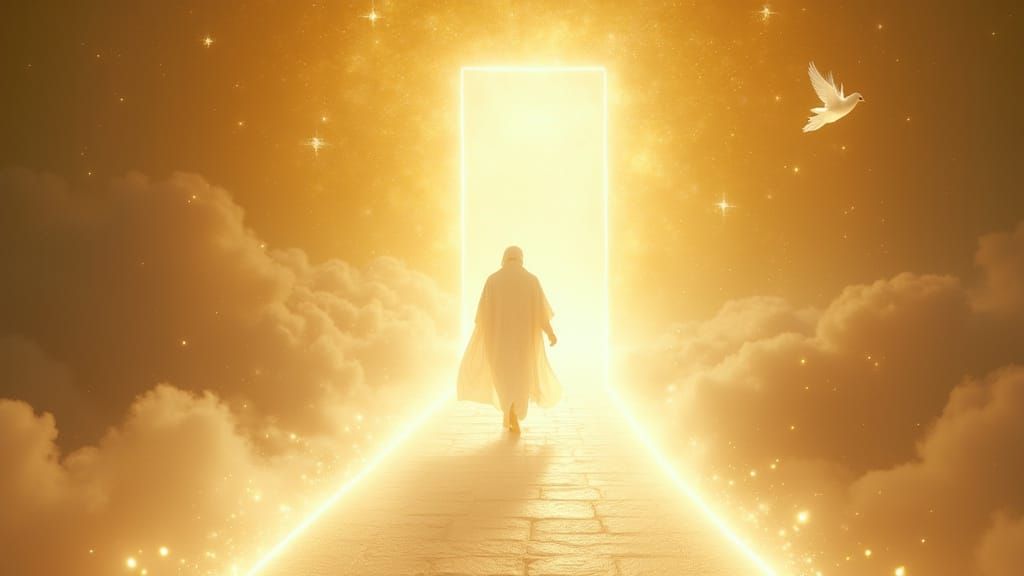 Figure Walks Luminous Path Towards Shimmering Celestial Door...