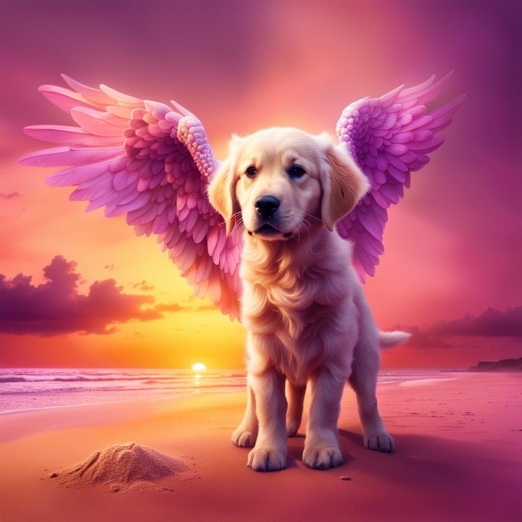 Golden Retriever Puppy Ascends on Sunset Beach