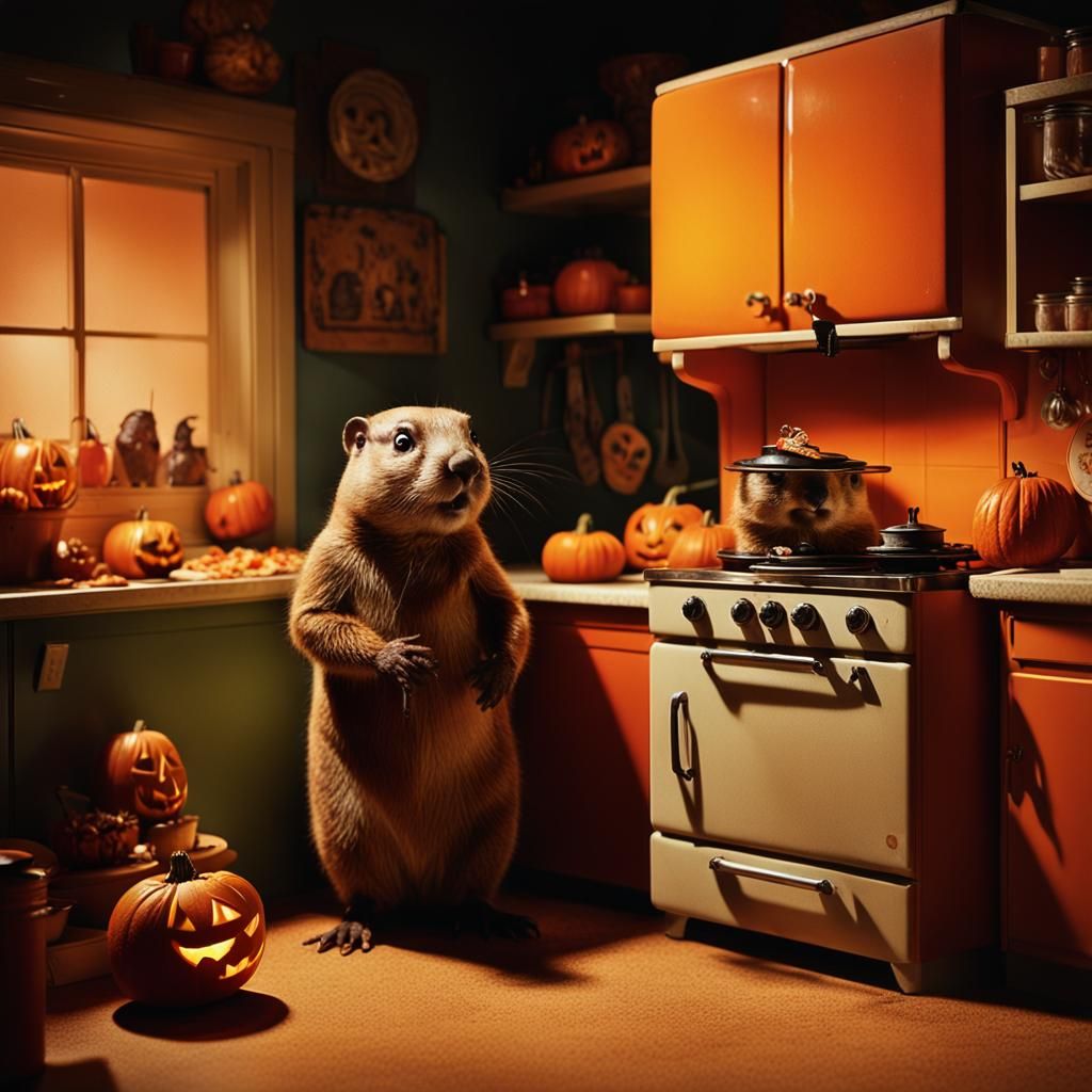 Scary Gopher Halloween in 1950s Kitchen: Cinematic Film Stil...
