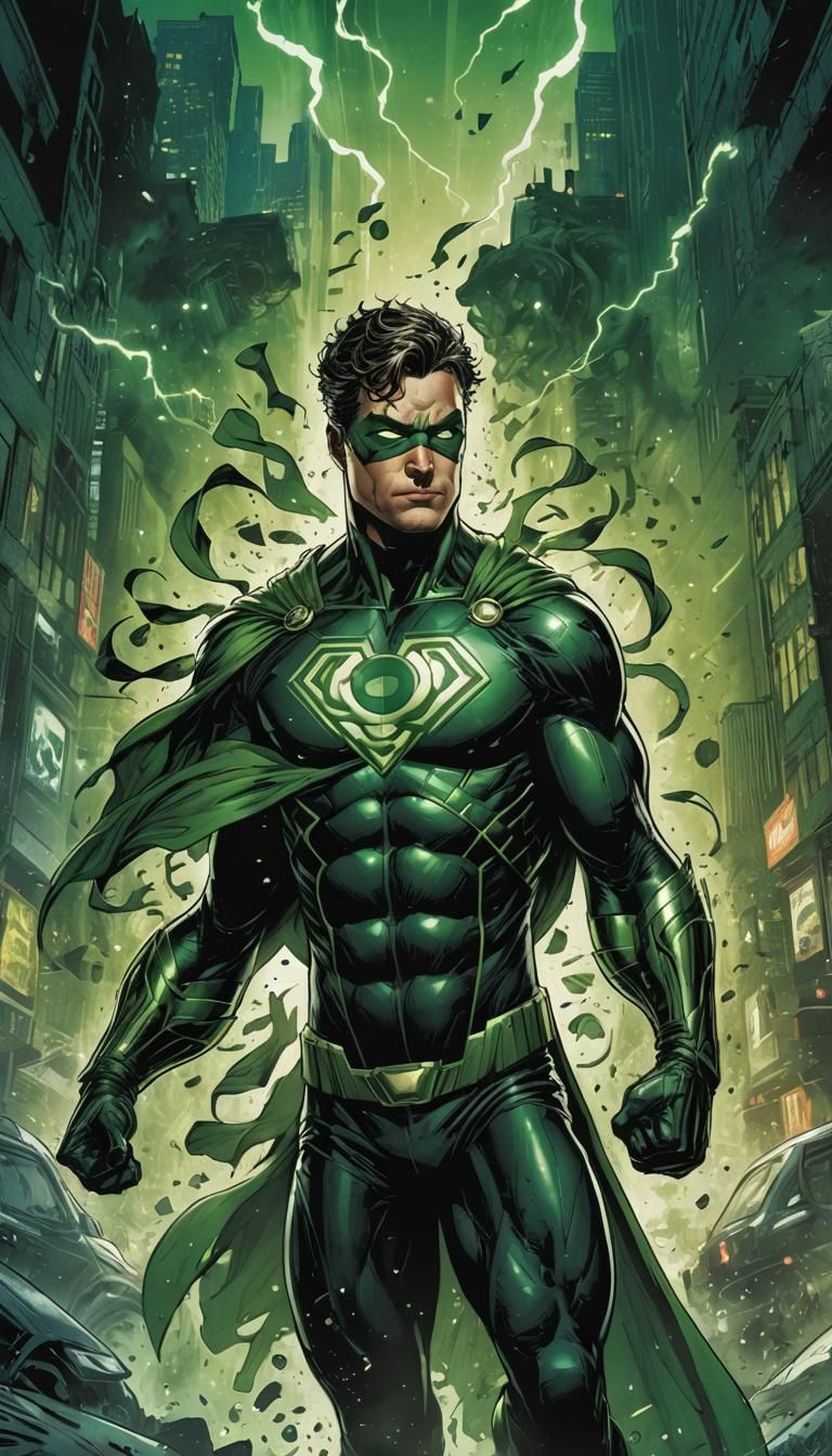 Dynamic Comic Book Superhero in Black and Green
