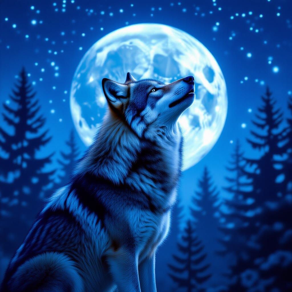 Bioluminescent Wolf Howling at Moon in Double Exposure
