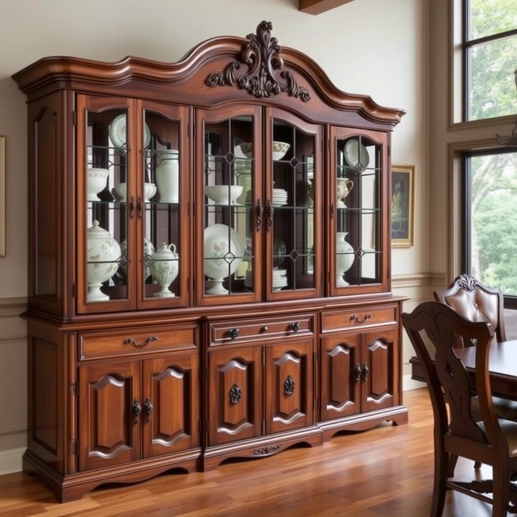 Dark Wood China Cabinet with Ornate Glass Doors