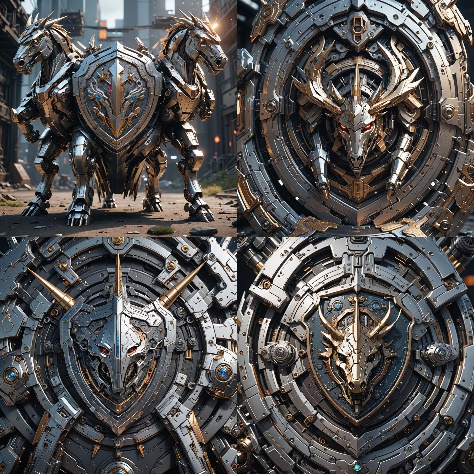 Epic Sci-Fi Unicorn Battle in Polished Metal