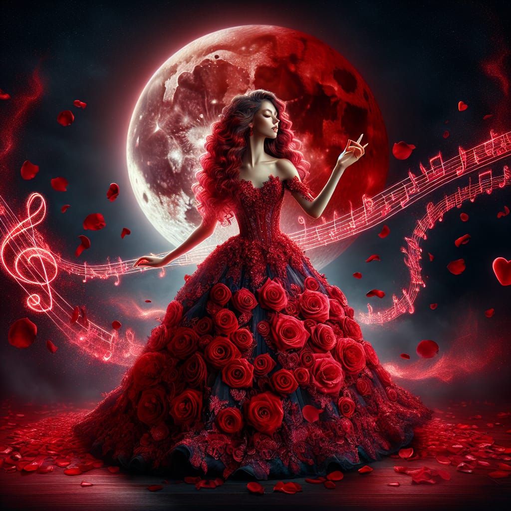 Woman Dancing in Rose Gown Under Red Moon