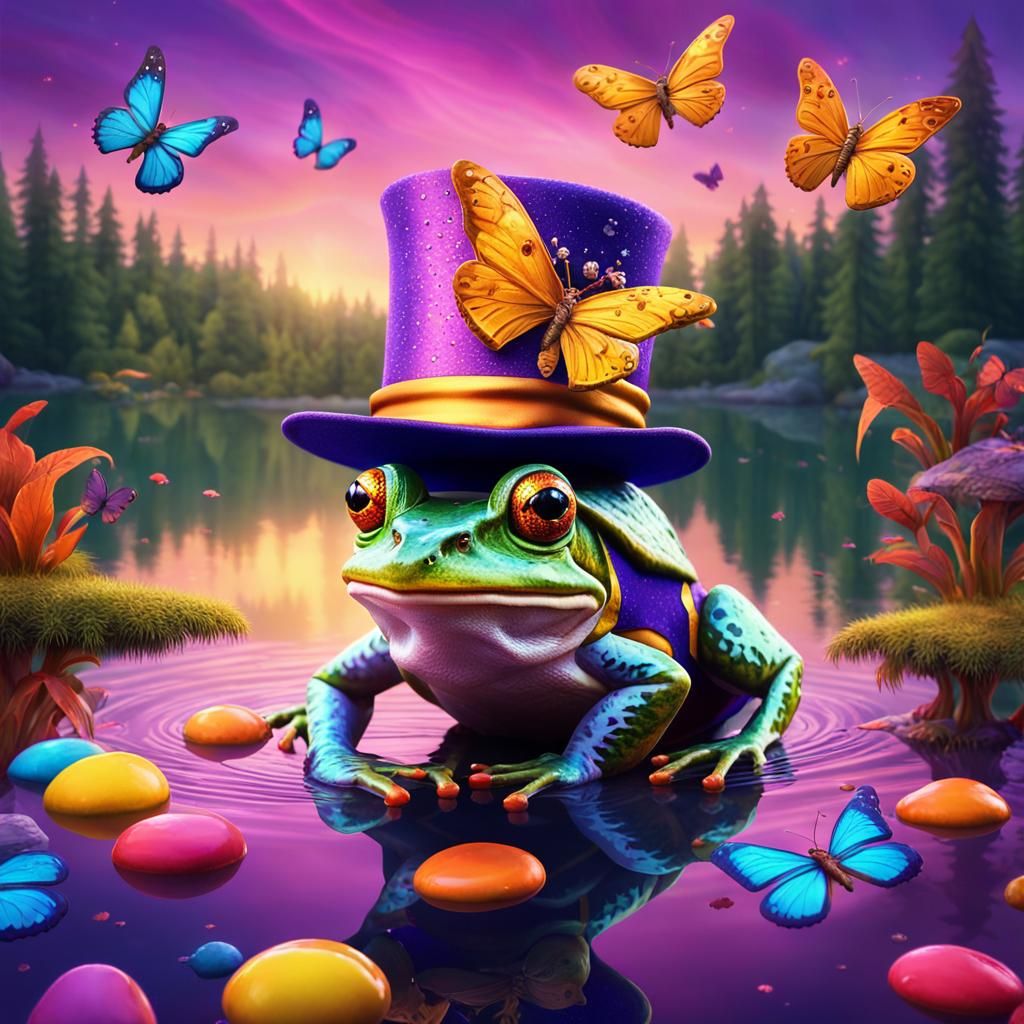 Frog in Top Hat Leaps in Whimsical Forest