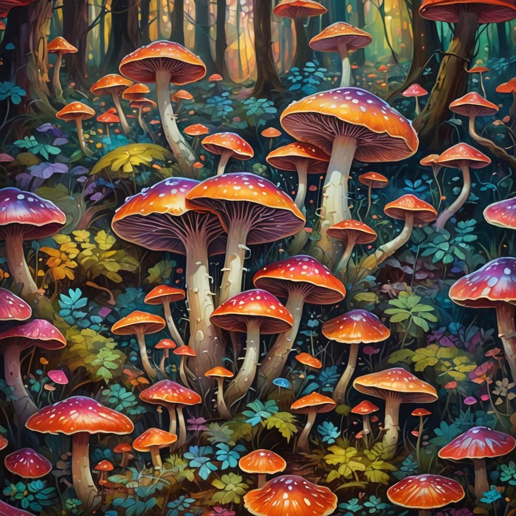Psychedelic iridescent mushroom forest fantasy kaleidoscopic...