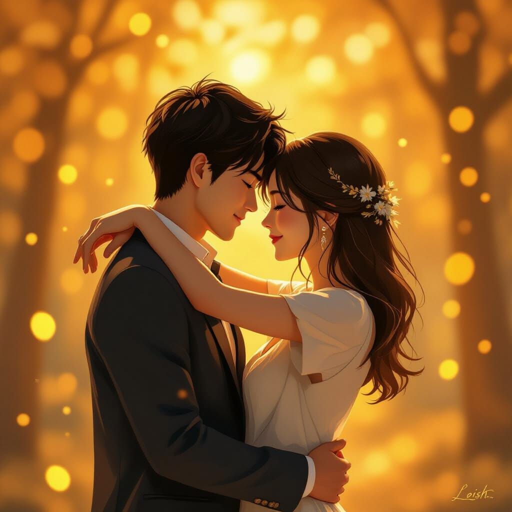 Romantic Embrace in Golden Light, Anime Style