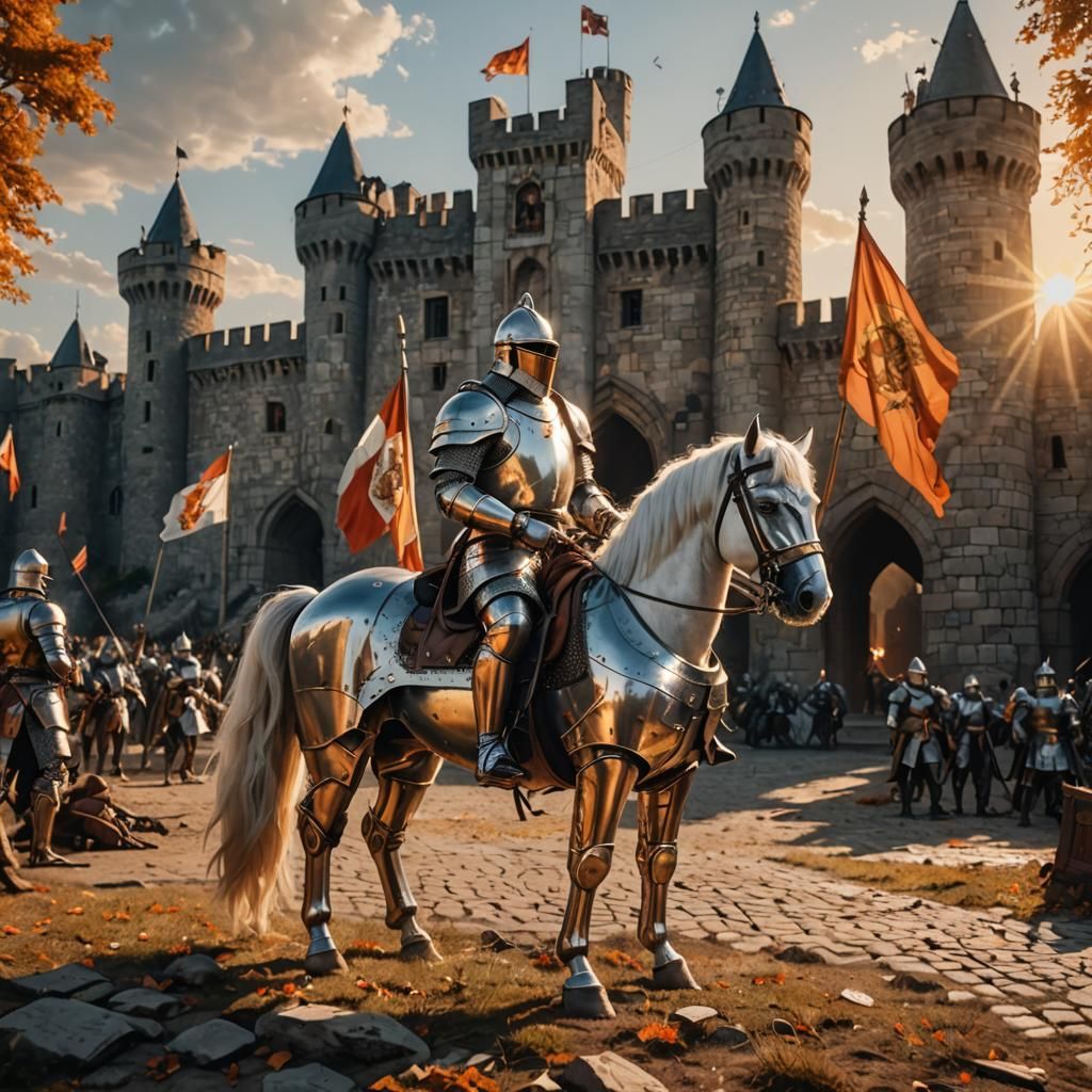 Knight in Armor on Battlefield at Sunset