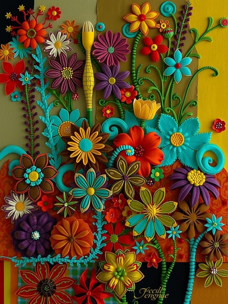 Felt Flower Garden in 19th Century Folk Art Style