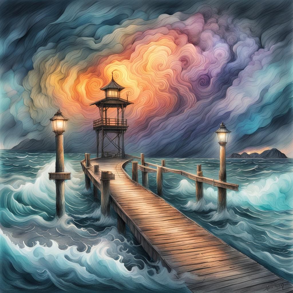 Cosmic Surrealism: Jetty Against Storm with Astral Mist