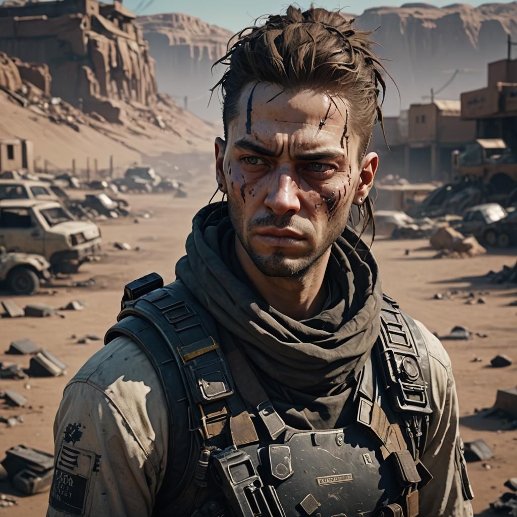 Fierce Dystopian Warrior in Desert Wasteland