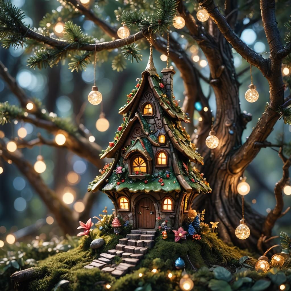 Glittery Fairy House on a Tree in Whimsical Style