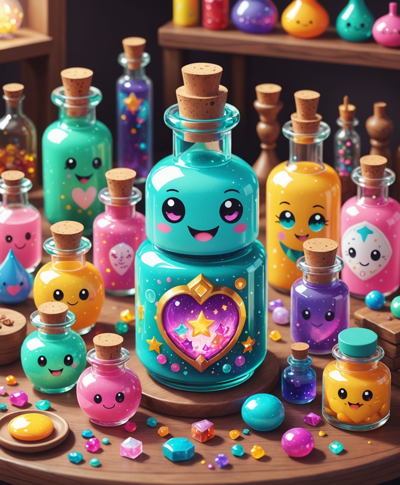 Cute Kawaii Potion Bottles with Sparkling Eyes