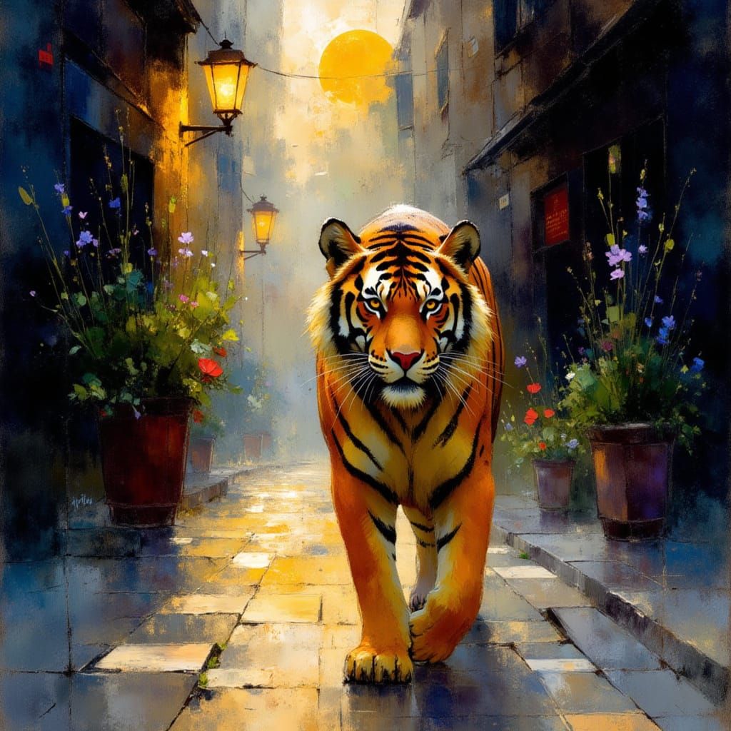Surreal Tiger Emerges in a Golden Lit Cityscape