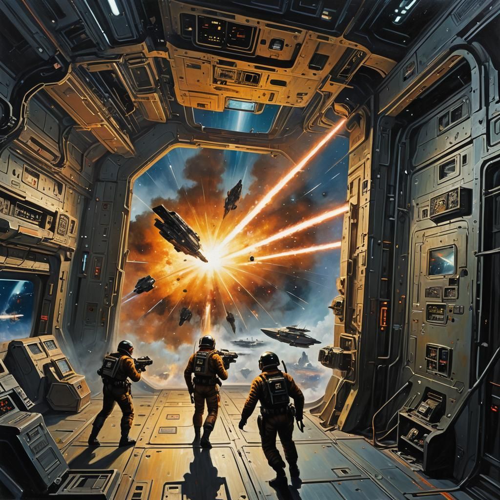 Retro-Futuristic Space Station Combat as Oil Painting