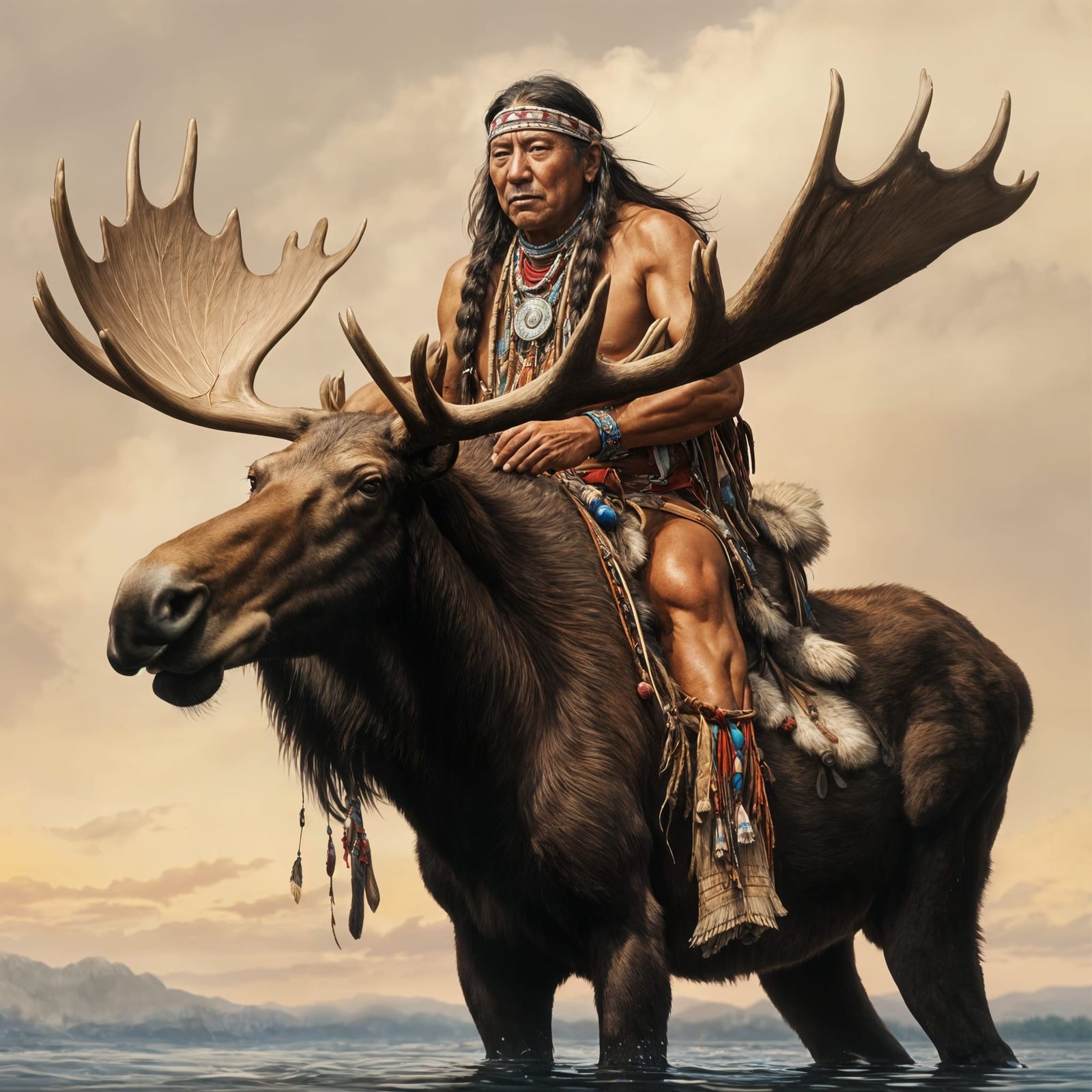 Native American Chief Riding a Moose